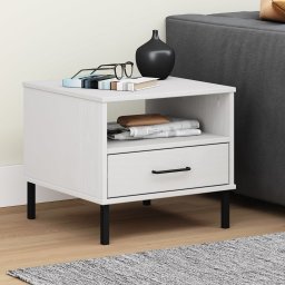 vidaXL Stolik nocny OSLO, metalowe nóżki, biały, lite drewno sosnowe