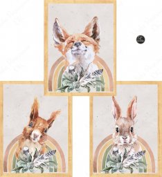  Mała Pracownia DK Zestaw 3 plakaty leśne BOHO lis, wiewiórka, królik tęcza