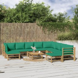  vidaXL 11-cz. zestaw mebli do ogrodu, zielone poduszki, bambus