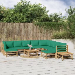  vidaXL 12-cz. zestaw mebli do ogrodu, zielone poduszki, bambus