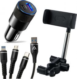  Alogy Uchwyt samochodowy na lusterko wsteczne Alogy do telefonu Czarny + Kabel 3w1 + Ładowarka USB-C + USB 3.1A