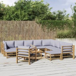  vidaXL 12-cz. zestaw mebli do ogrodu, jasnoszare poduszki, bambus