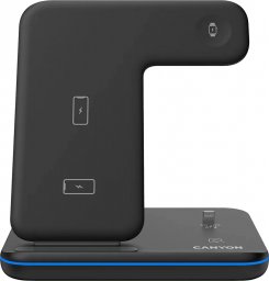 Ładowarka Canyon CANYON WS-302, 3in1 Wireless charger, with touch button for Running water light, Input 9V/2A,12V/1.5A Output 15W/10W/7.5W/5W, Type c to USB-A cable length 1.2m,with QC18W EU plug 137*103*140mm, 0.22Kg, Black