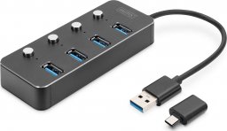 HUB USB Digitus Hub USB 3.0/Koncentrator DIGITUS 4-portowy USB A + adapter USB-C 5Gbps z wyłącznikami aluminiowy pasywny