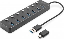 HUB USB Digitus Hub USB 3.0/Koncentrator DIGITUS 7-portowy USB A + adapter USB-C 5Gbps z wyłącznikami aluminiowy aktywny