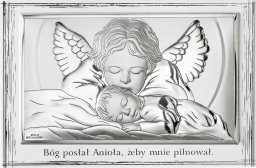 Valenti Srebrny obrazek z wizerunkiem Aniołka całującego śpiące dziecko na ozdobnym panelu z napisem 17.5x11.5 cm Uniwersalny