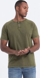  Ombre T-shirt męski z dekoldem henley - ciemnooliwkowy V4 S1757 M