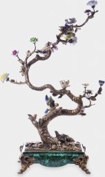 rzezbyzbrazu Duży Świecznik Kwitnące Drzewo z Ptakami z Brązu i Porcelany