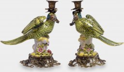  rzezbyzbrazu Porcelanowe Świeczniki Papugi Pochylone Zielone