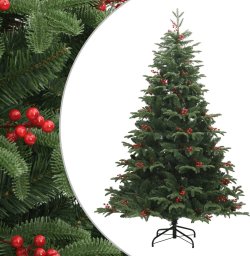vidaXL Sztuczna choinka na zawiasach, z szyszkami i jagodami, 210 cm