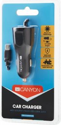 Ładowarka Canyon CANYON C-031/US, Universal 1xUSB car adapter, plus Micro USB connector, Input 12V-24V, Output 5V/2.4A(Max), with Smart IC, black glossy, cable length 1.2m, 77*30*30mm, 0.041kg, English