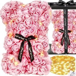 Springos Miś z płatków róż różowy 25 cm miś z róż z lampkami LED biały ciepły UNIWERSALNY