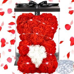  Springos Miś z płatków róż czerwony z sercem, 25 cm rose bear z lampkami LED biały zimny UNIWERSALNY