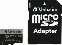 Karta Verbatim Karta pamięci Micro SDXC Verbatim Pro U3 512GB (100/90 MB/s) Class 10 U3 V30 + adapter