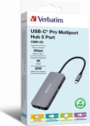 HUB USB Verbatim USB (3.2) hub 5-port, 32150, szara, długość przewodu 15cm, Verbatim, 1x USB C, 2x USB A, 1x HDMI