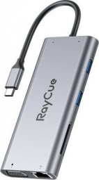 HUB USB RayCue Hub 11w1 RayCue USB-C do 2x USB-A 2.0 480Mbps + 3x USB-A 3.2 5Gbps + SD/TF 3.0 + HDMI 4K30Hz + VGA 1080p + RJ45 + PD 3.0 100W (szary)