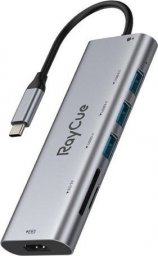 HUB USB RayCue Hub 7w1 RayCue USB-C do 3x USB-A 3.0 5Gbps + SD/TF 3.0 + HDMI 4K30Hz + PD 3.0 100W (szary)