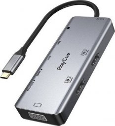 HUB USB RayCue Hub 9w1 RayCue USB-C do 2x USB-A 3.0 5Gbps + 2x SD/TF 3.0 + 2x HDMI 4K30Hz + VGA 1080p + jack 3,5mm + PD 3.0 100W (szary)