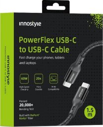 Kabel USB Innostyle INNOSTYLE POWERFLEX KABEL USB-C SZYBKIE ŁADOWANIE DO IPHONE SAMSUNG 3A 60W KEVLAR 2M CZARNY