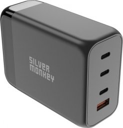 Ładowarka Silver Monkey Ładowarka GaN Silver Monkey SMA155 200W 3xUSB-C PD USB-A QC 3.0 z odłączanym kablem zasilającym - czarna