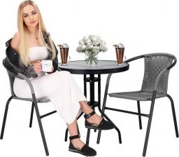  Springos Meble ogrodowe 2 krzesła i okragły stół ze szklanym blatem zestaw na taras czarno-szary UNIWERSALNY