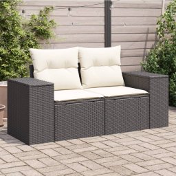 vidaXL Sofa ogrodowa z poduszkami, 2-osobowa, czarna, polirattan