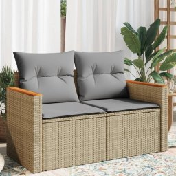 vidaXL Sofa ogrodowa z poduszkami, 2-osobowa, beż, polirattan