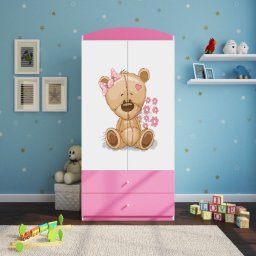 Kocot Kids Szafa dwudrzwiowa do pokoju dziecka, Babydreams, 90 cm, miś z kwiatkami, różowa