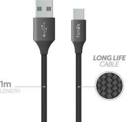 Fonex Data Cable USB to Type-C 12W Fabric 1m By Fonex Black