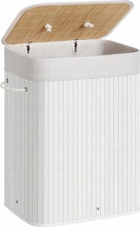 Kosz na pranie Songmics Bambusowy kosz na pranie, 72L Składany kosz, prostokątny schowek z 3 uchwytami, 40 x 30 x 60 cm, biały LCB010W01