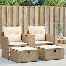 vidaXL Sofa ogrodowa 2-osobowa ze stołkami, beżowa, rattan PE