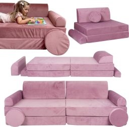 MeowBaby Sofa Dziecięca Premium Różowa Rozkładana Przyjemna W Dotyku Siedzisko Pufy