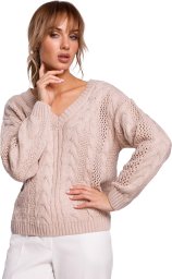  MOE M510 Ażurowy sweter z dekoltem w serek - pudrowy (kolor pudrowy róż, rozmiar L/XL)
