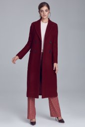  Nife Elegancki bordowy płaszcz dwurzędowy - PL06 (kolor bordo, rozmiar 42)