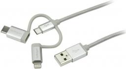 Kabel USB StarTech USB-A - USB-C + microUSB + Lightning 1 m Srebrny (LTCUB1MGR)