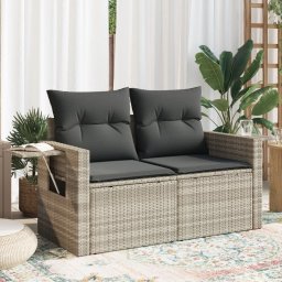 vidaXL Sofa ogrodowa z poduszkami, 2-osobowa, jasnoszara, polirattan