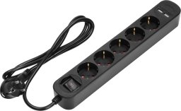 Listwa zasilająca Orno Listwa przeciwprzepięciowa, 5 gniazd 2P+Z (Schuko), kabel 3x1,0mm2, długość 1,5m, z wyłącznikiem podświetlanym dwutorowym. 10A/230 VAC, Ochronnik przeciwprzepięciowy, Ładowarka 2xUSB 2,1A. Płaska wtyczka
