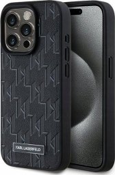 Karl Lagerfeld Hoes Voor IPhone 15 Pro – Zwart Leren Look Met Monogram En Metalen Logo, Magnetisch Voor Draadloos Laden