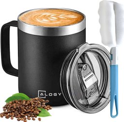 Alogy Kubek termiczny 420ml z uchwytem pokrywką na kawę herbatę stalowy zimne i ciepłe napoje Alogy Czarny + Szczotka do mycia