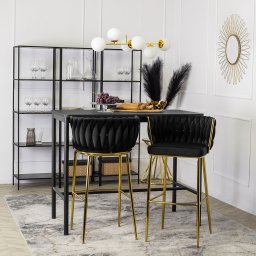 Mebel Elite Krzesło Barowe Tapicerowane Plecione Hoker FLORES 2 Czarne Welurowe Nowoczesne Glamour