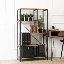 Mebel Elite Regał Otwarty Wysoki TIM Asymetryczny Orzech/Czarny Na Książki Metalowy Stelaż Nowoczesny Loft
