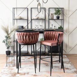 Mebel Elite Krzesło Barowe Tapicerowane Plecione Hoker FLORES Różowe Welurowe Nowoczesne Loft