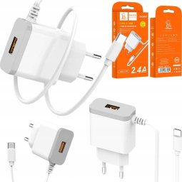 Ładowarka . DENMEN BIAŁA ŁADOWARKA SIECIOWA USB +  KABEL TYP-C DC09T-W