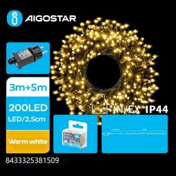 Lampki choinkowe Aigostar Niskonapięciowe zewnętrzne lampki choinkowe 200led z flashem Ciepła biel 5m+3 Niskonapięciowe zewnętrzne lampki choinkowe 200led Ciepła biel 5m+3