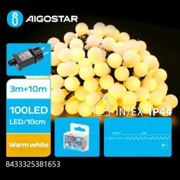 Dekoracja świąteczna Aigostar  Niskonapięciowe zewnętrzne kulki 100led Ciepłe 10m+3 Niskonapięciowe zewnętrzne kulki 100led Ciepłe 10m+3