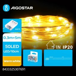Lampki choinkowe Aigostar  Lampki choinkowe 50 led na 3 baterie AA, Ciepła biel, 5m Lampki choinkowe 50 led na 3 baterie AA, Ciepła biel, 5m