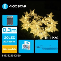 Lampki choinkowe Aigostar Lampki choinkowe 20 led gwiazdy na 3 baterie AA - Ciepła biel 3m Lampki choinkowe 20 led gwiazdy na 3 baterie AA - Ciepła biel 3m