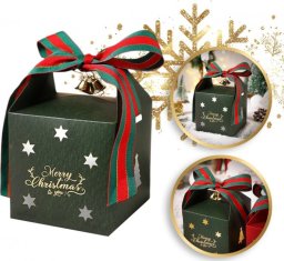 eCarla Pudełko PREZENTOWE ozdobne zielone, MERRY CHRISTMAS z kokardą 10x10x10 cm OPO40