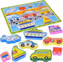 Jokomisiada Drewniana układanka puzzle transport pojazdy 9ele dopasuj kształty ZA5257