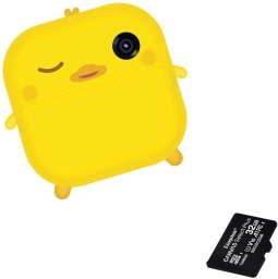 Aparat cyfrowy THD Pachet: Card memorie 32 Gb + Camera foto-video pentru copii, THD Pixels M2, imprimanta termica, obiectiv frontal 18 megapixeli, obiectiv selfie, galben puisor